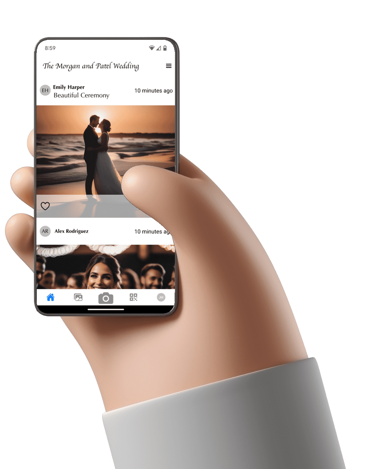A hand holding a phone with the app